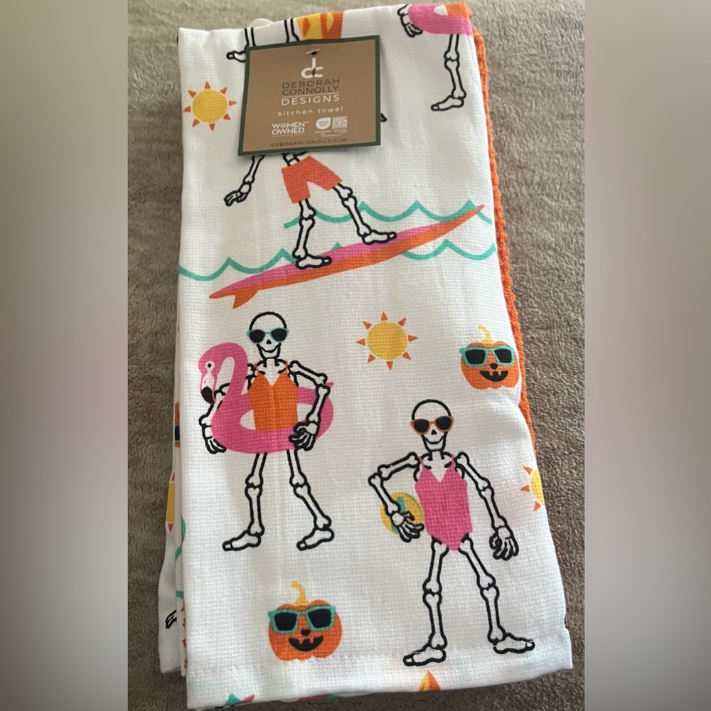 Summerween Skeleton Surfing & Flamingo Float Kitchen Dish Towel